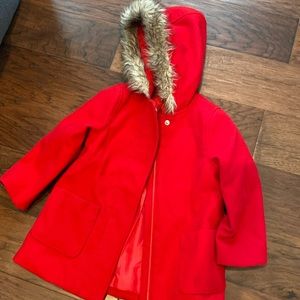 Crazy eight size 3T red zip up with pocket and fur trimmed hood, winter jacket